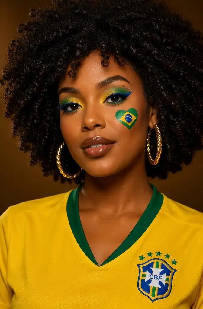 56ed007b-cbbe-4da6-bd76-165bb7016378_672x1024png_preview – WeShop AI Blog Studio portrait of a woman with curly hair wearing a yellow Brazil football jersey, green-and-yellow eye makeup, and a small Brazil flag painted on her cheek before applying the 2000s Camera Effect.