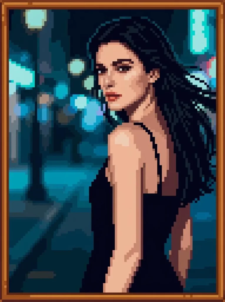 59563837-aeaa-4bf0-9854-0bfc47b73854_896x1200png_preview – WeShop AI Blog Pixel art portrait of a dark-haired woman in a black dress created with the Stardew Valley Portrait Maker.