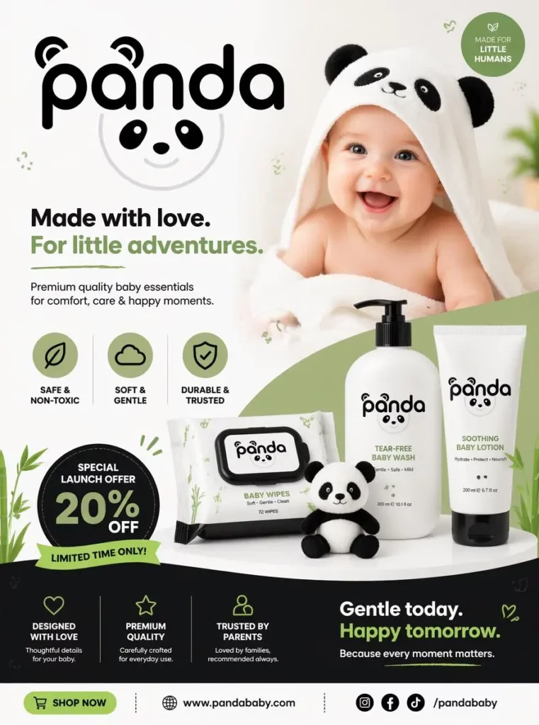 602204cc-cb54-4a9a-a57c-2404171d06df_880x1184png_preview – WeShop AI Blog Panda baby care promotional flyer featuring a smiling baby, skincare products, product benefits, and a 20% launch offer.