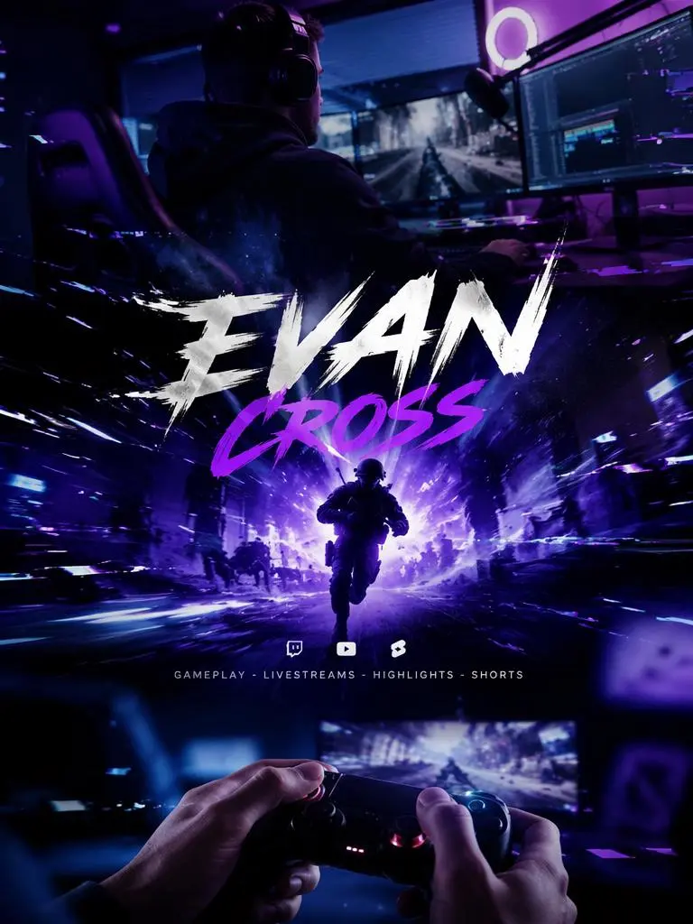 60a89a3c-8bc1-45e0-b2f5-2519dac81f66_768x1024png_preview – WeShop AI Blog AI YouTube Intro Maker example showing an energetic gaming channel intro with purple effects, bold title text, and a player holding a controller.