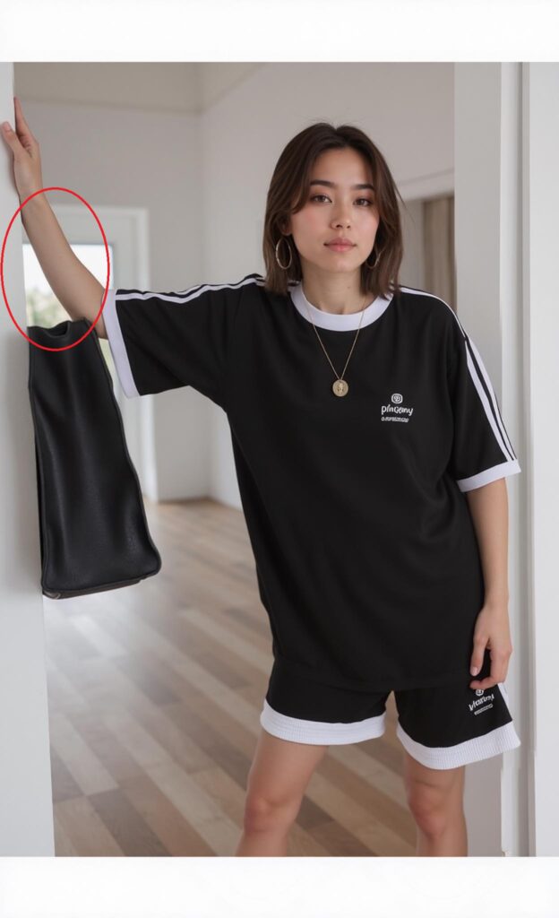 68499f0cefac70f89c851165_original – WeShop AI Blog AI Design Repair before image showing a missing handbag strap connection highlighted beside a model in a black outfit