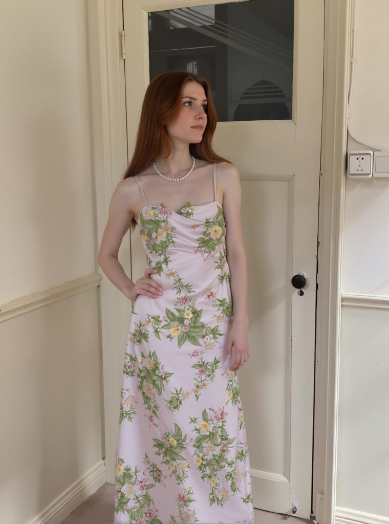 68b547f92185d35b9a172378_final – WeShop AI Blog Floral dress portrait after AI Design Repair adds a natural necklace while preserving the original composition