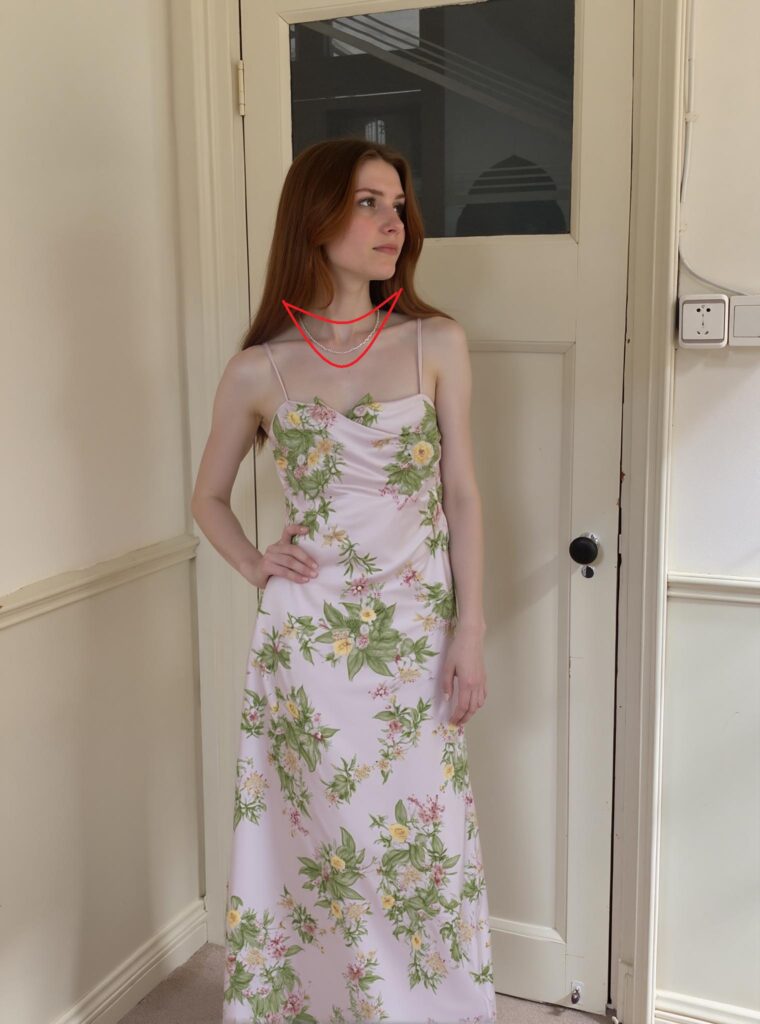 68b547f92185d35b9a172378_original – WeShop AI Blog AI Design Repair example showing an incorrect necklace area highlighted on a model wearing a floral dress
