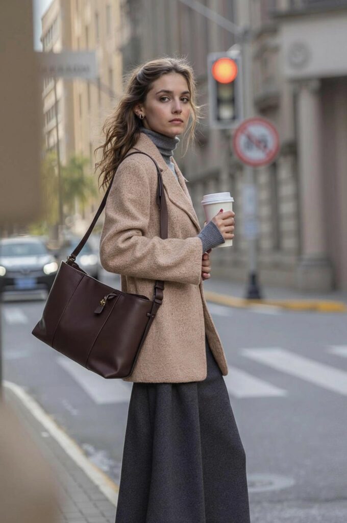 68f98be1cf6ddd6739678f6e_final – WeShop AI Blog AI Photo Recolor changes the same coat from muted purple to warm beige while preserving the model, pose, handbag, and street background