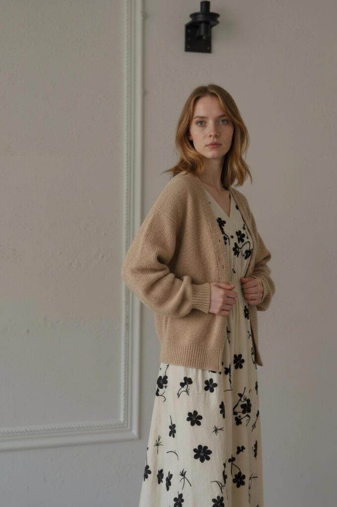 68fb003133f6f170296b5bf3_final – WeShop AI Blog AI Photo Recolor changes the cardigan from black to soft beige while preserving the floral dress and original scene