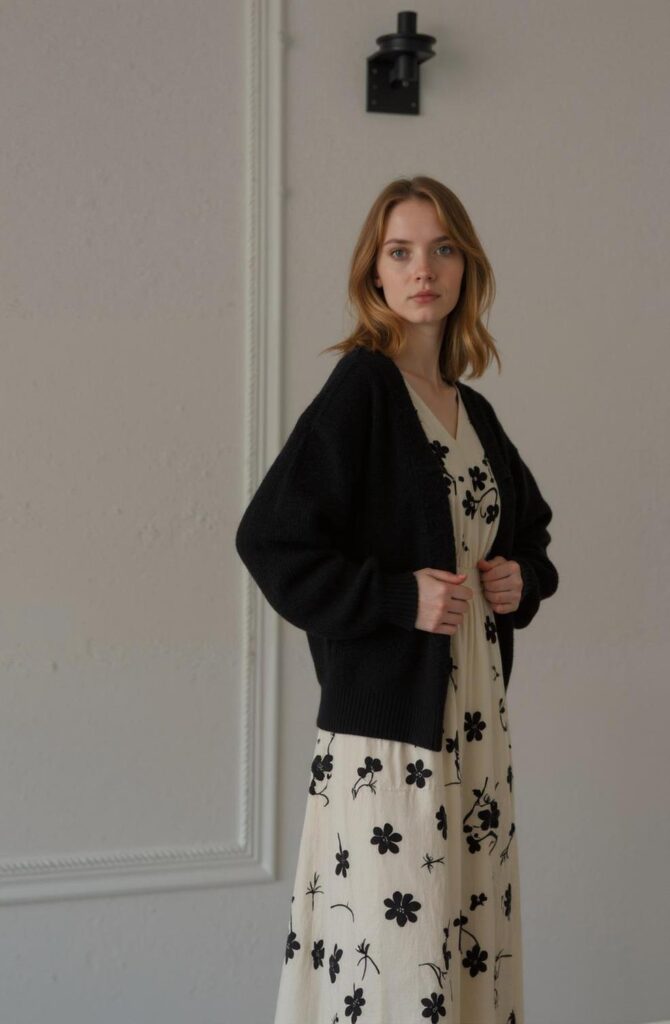 68fb003133f6f170296b5bf3_original – WeShop AI Blog AI Photo Recolor before image showing a model wearing a black cardigan over a floral dress