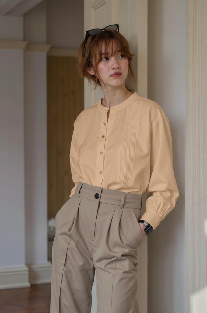68fb003b89dcc42473380fcd_final – WeShop AI Blog AI Photo Recolor changes the blouse from white to warm beige while keeping the outfit, lighting, and composition consistent