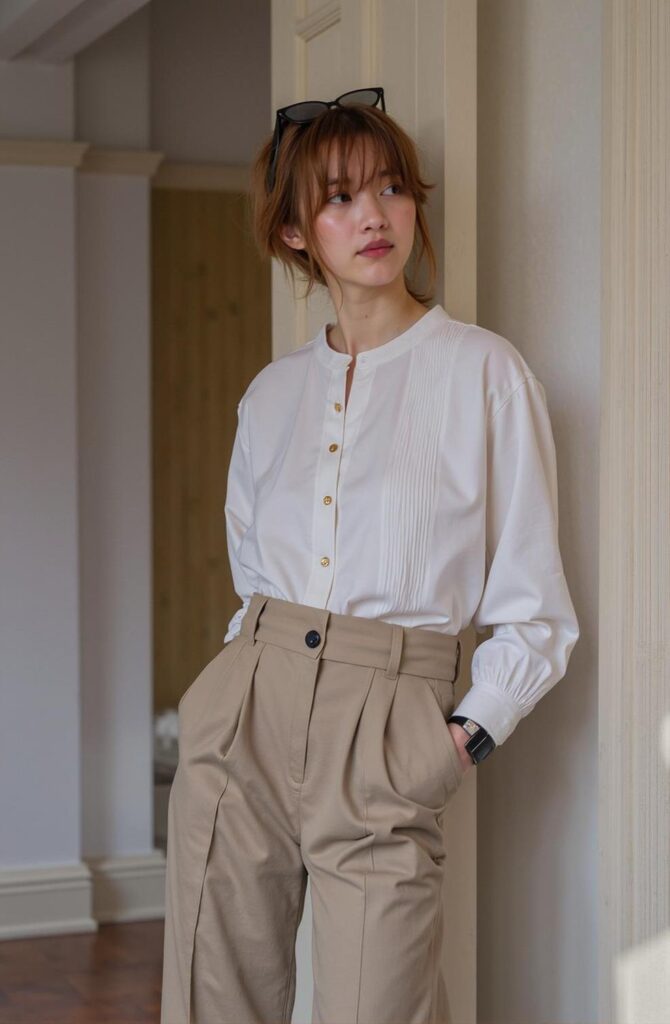 68fb003b89dcc42473380fcd_original – WeShop AI Blog AI Photo Recolor before image showing a model wearing a white button-up blouse with beige trousers