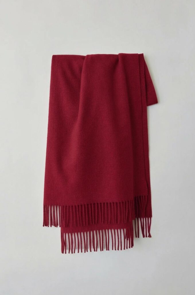 Burgundy fringed scarf shown in a consistent product image with unchanged folds, fringe, lighting, and placement.