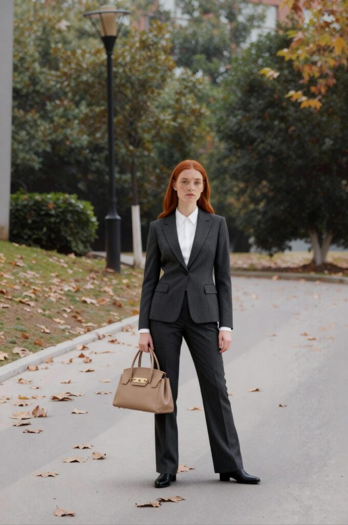 Woman wearing a structured black suit on an autumn street in a polished AI Outfit Changer style.