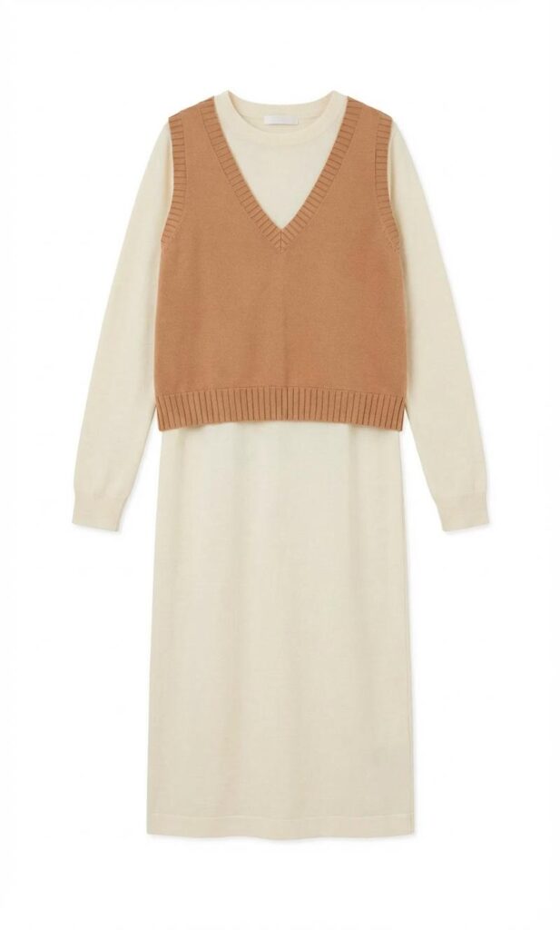 693824e44e51ff6a08206d01_final – WeShop AI Blog AI Clothing Piece Generator flatlay of a tan knit vest and long cream dress