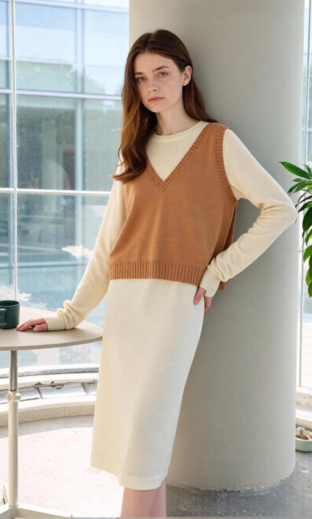 693824e44e51ff6a08206d01_original – WeShop AI Blog Female model wearing a tan knitted vest layered over a long cream dress