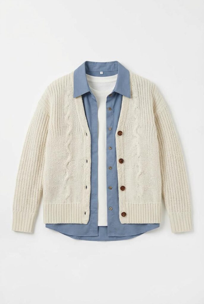 693824e84e51ff6a08206d05_final – WeShop AI Blog Flatlay of an ivory knit cardigan layered over a light blue button-up shirt on a clean white background.