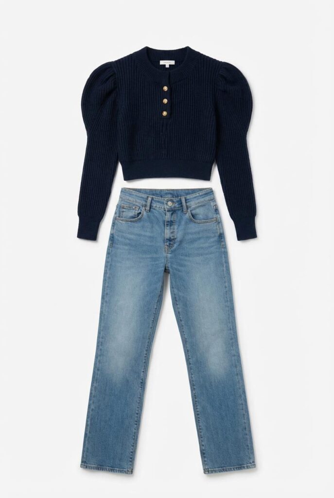 693825174e51ff6a08206d2d_final – WeShop AI Blog Flatlay of a navy puff-sleeve top paired with straight-leg blue jeans on a clean white background.