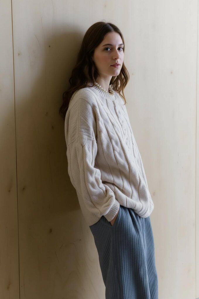 6948d1c8be5e9df53f20ac5d_final – WeShop AI Blog AI Pose Generator fit image showing a model in a cream sweater and wide-leg trousers in a relaxed side-facing pose.