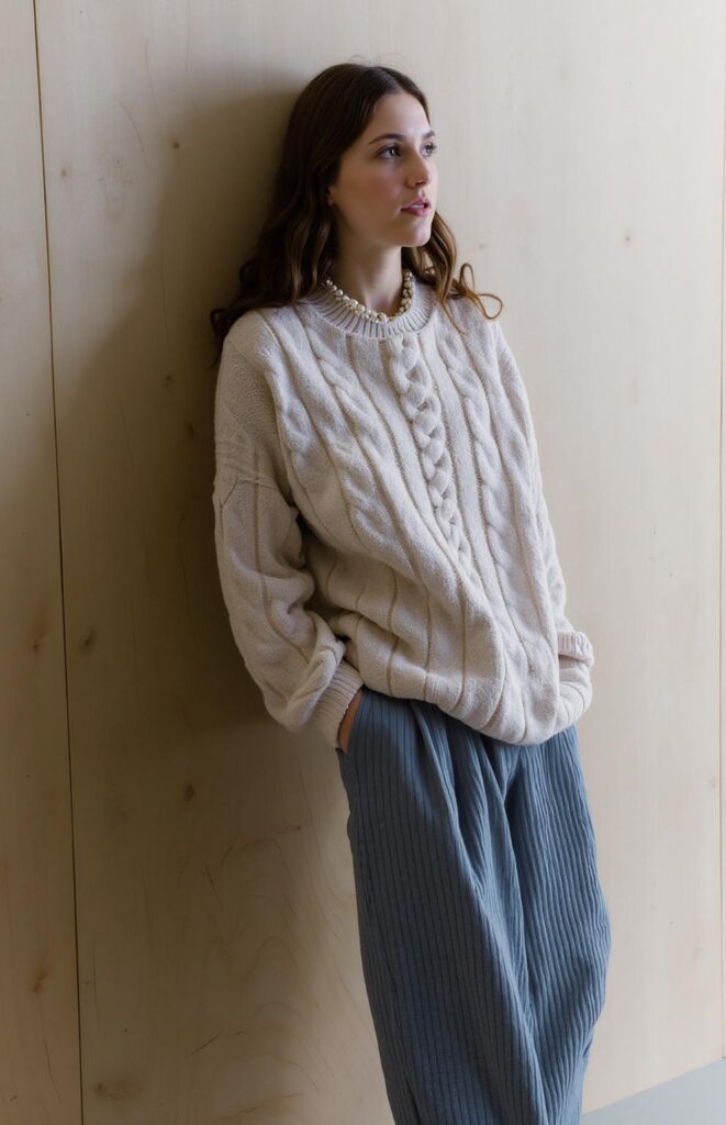 6948d1c8be5e9df53f20ac5d_original – WeShop AI Blog AI Pose Generator ecommerce hero image showing a model in a cream cable-knit sweater and loose blue trousers leaning against a wall.