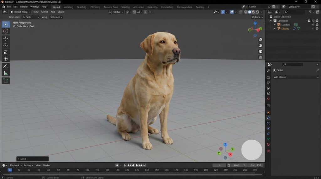 Golden retriever displayed as a rendered 3D model inside the Blender workspace.