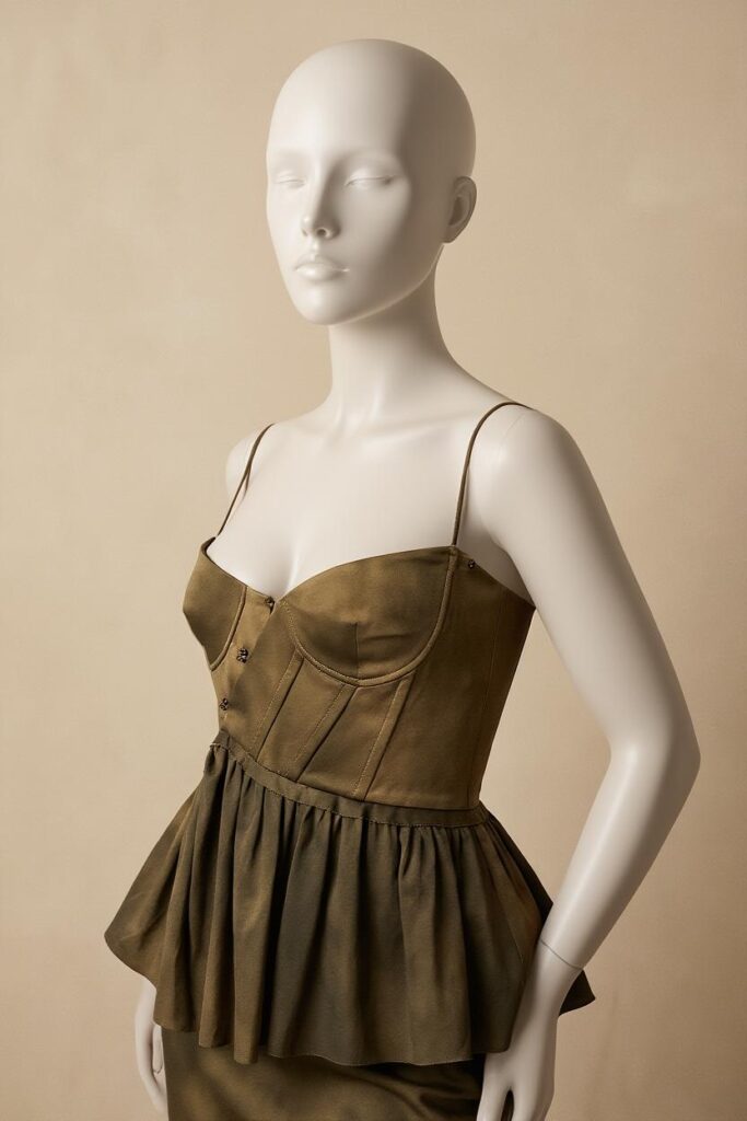 695e6c18640b65e14dc4c574_final – WeShop AI Blog Olive green structured peplum top displayed on a white mannequin with the garment shape preserved.