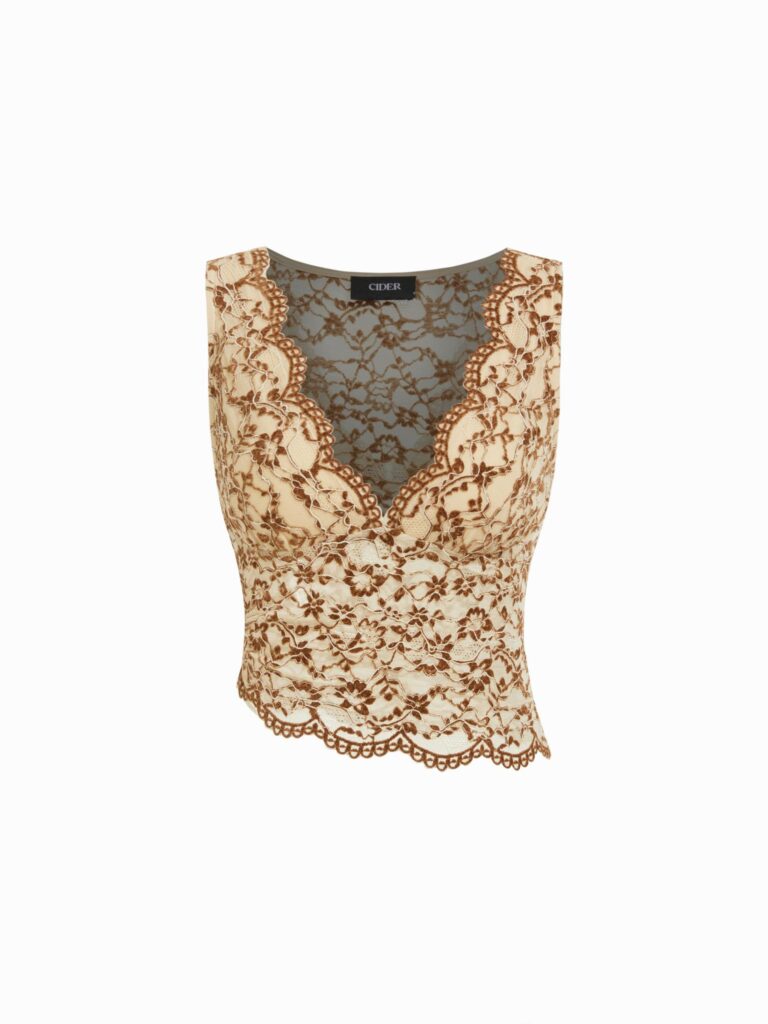 Beige lace sleeveless top prepared for an AI Outfit Changer styling transformation.