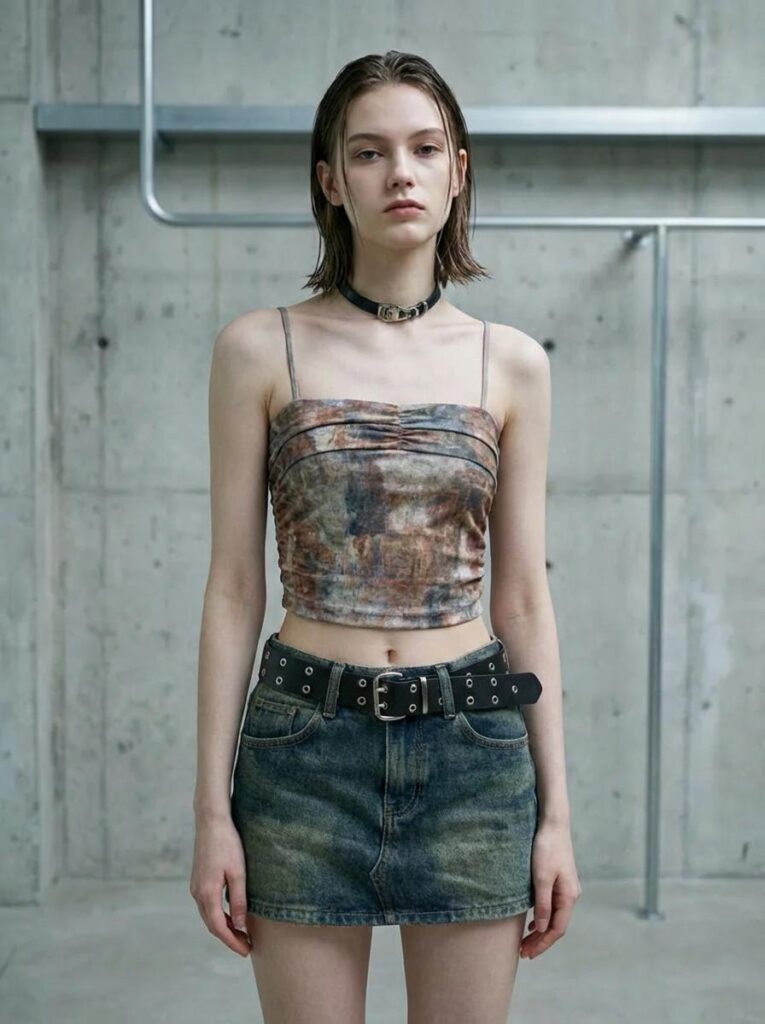 697f6b1fa3799cc3caaf536c_final – WeShop AI Blog AI Clothes Changer outfit transformation showing the same person in a casual crop top and denim skirt fashion look.