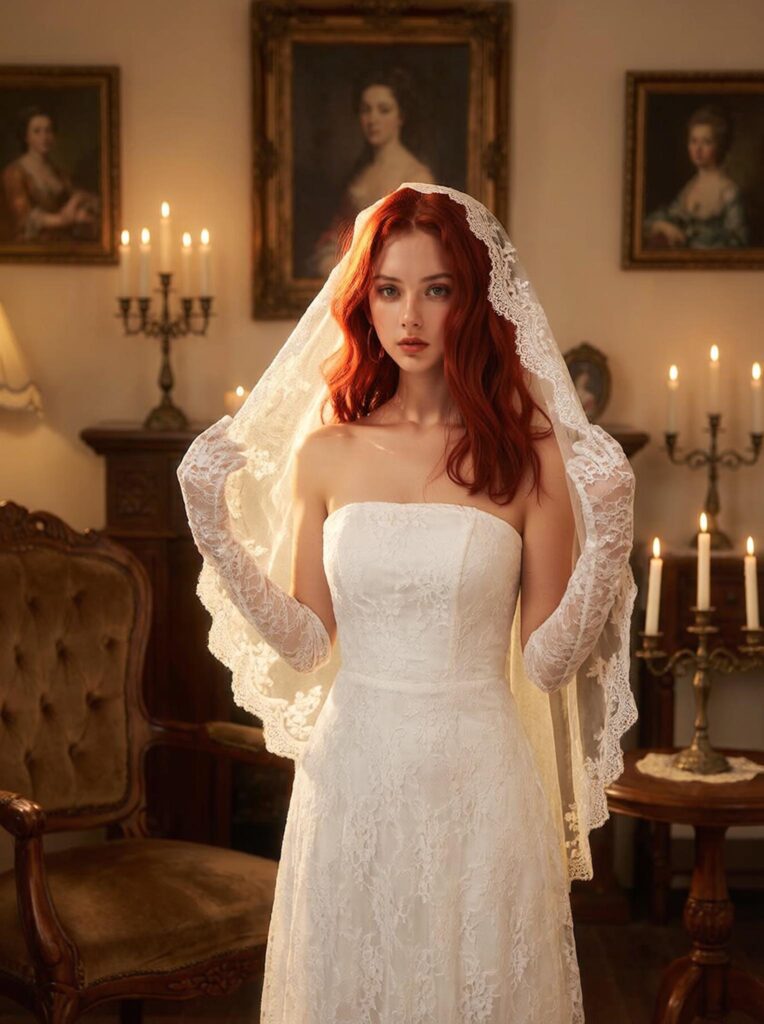 AI Face Swap result showing the bride with a new red-haired identity while preserving the wedding dress, pose, lighting, and vintage setting.