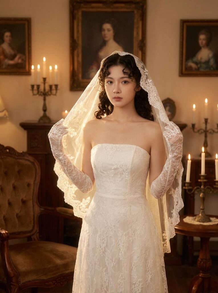Adult bride with dark curly hair wearing a white lace wedding dress in a warm vintage interior.