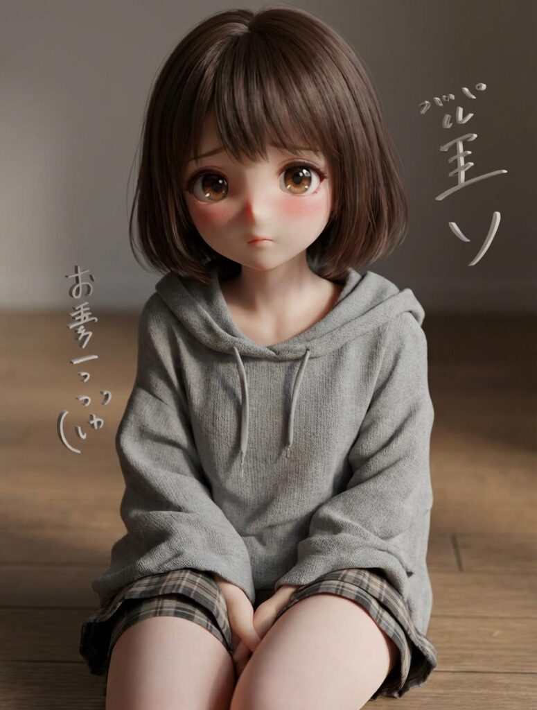3D cartoon girl in a gray hoodie created from the anime sketch with a 3D Cartoon Generator.