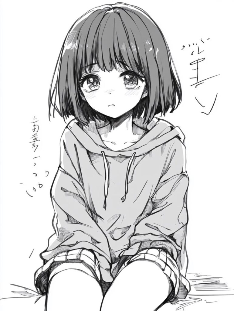 Black-and-white anime girl sketch used as the original reference for a 3D Cartoon Generator.