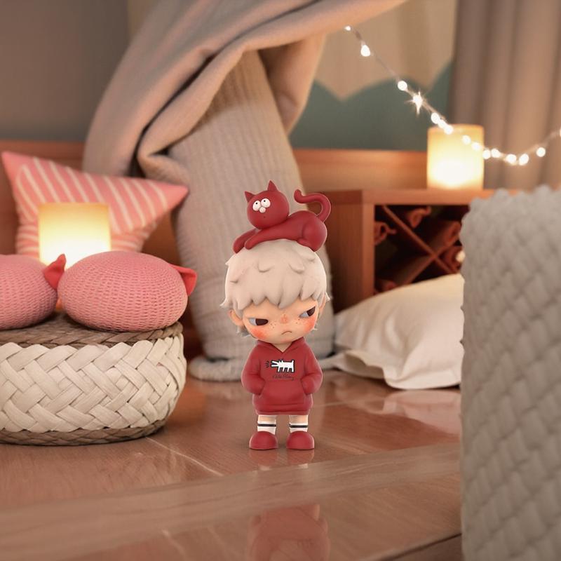 Small collectible figure in a wider bedroom composition with additional surrounding space created by AI Image Expander.