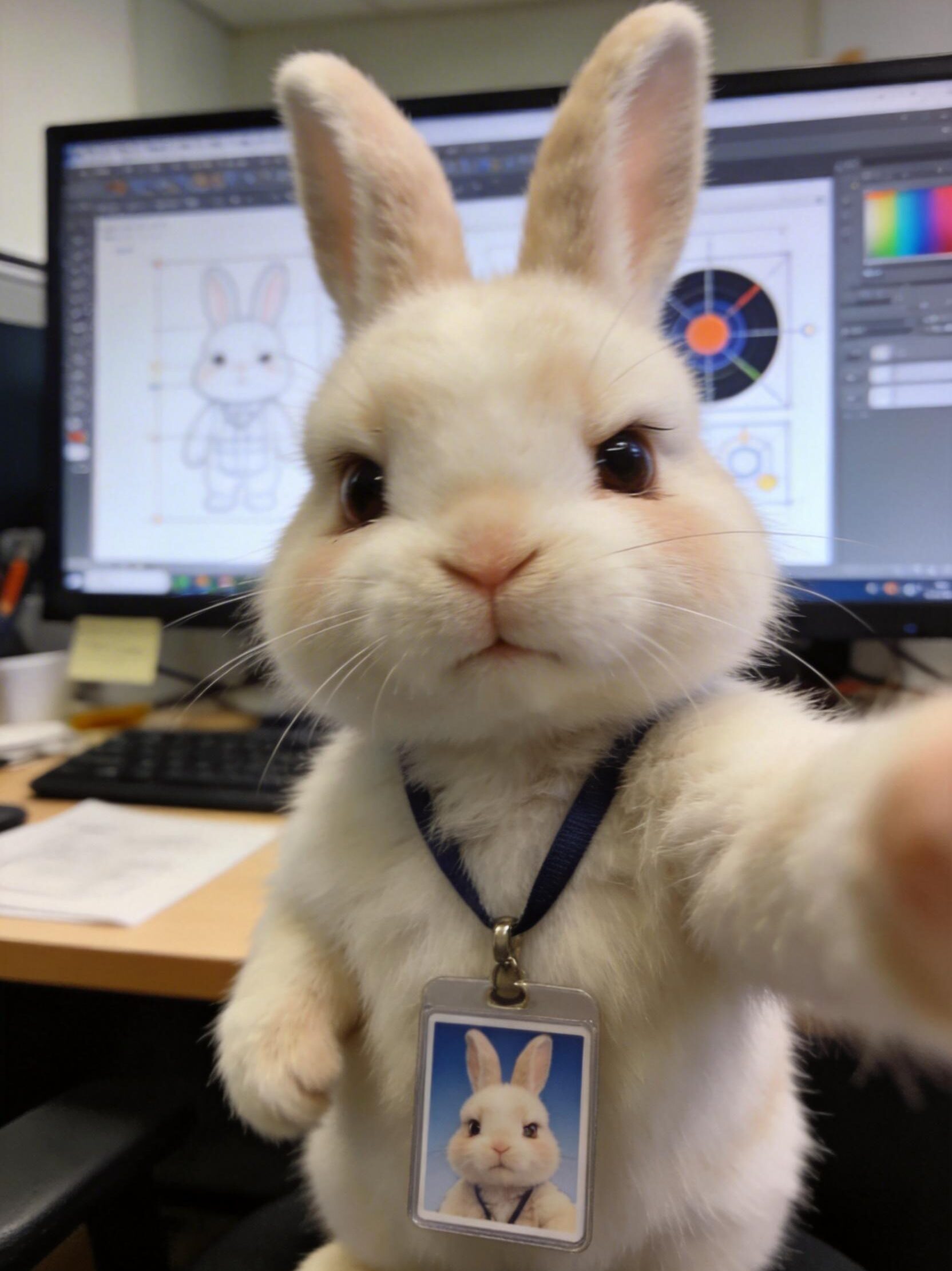 Seedream 5.0 Pro generated image of a white rabbit taking a selfie while wearing an employee badge featuring its own portrait, with a design workspace in the background.