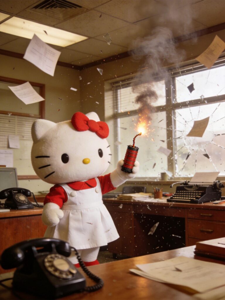 Seedream 5.0 Pro generated scene of Hello Kitty setting off an explosion in a chaotic office filled with smoke, sparks, flying papers, and shattered glass.