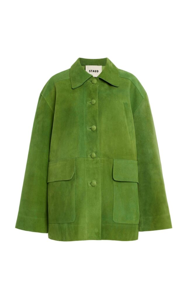 Front-facing green button-up jacket with visible pockets for AI Outfit Changer styling.