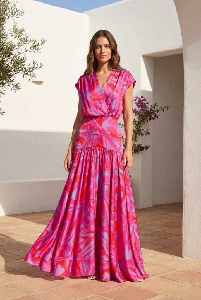 699002f1f57db0f950f3887a_final – WeShop AI Blog AI Virtual Try-On image showing a model wearing the same pink dress in an outdoor lifestyle environment