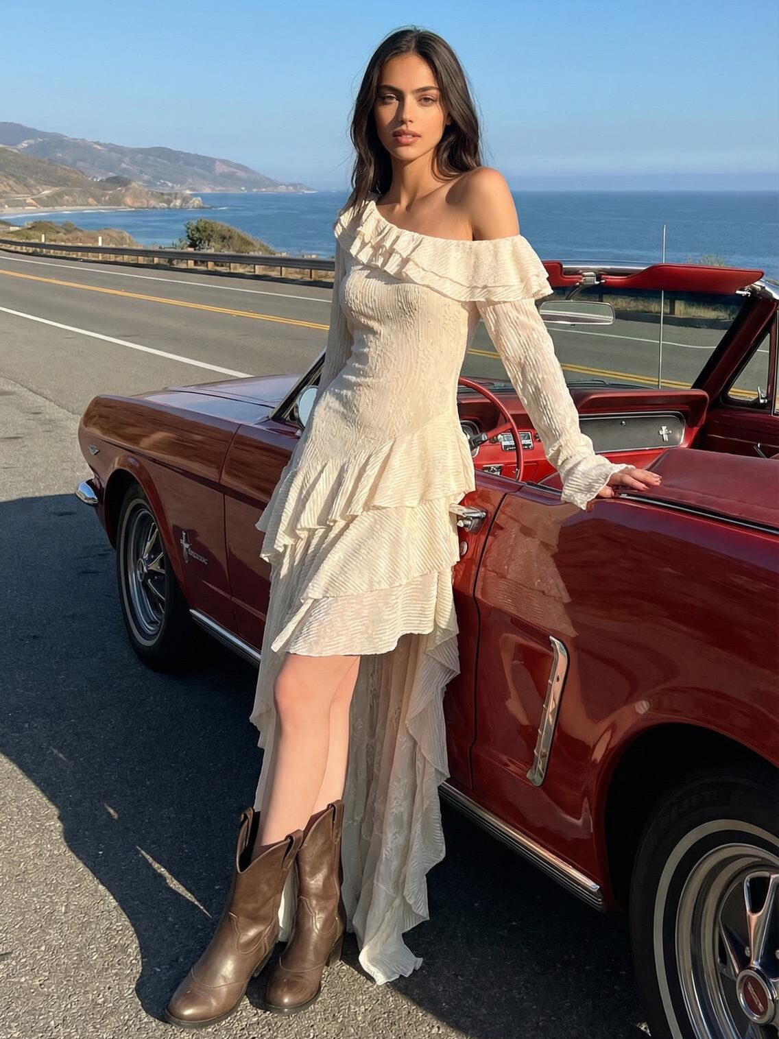Model wearing an ivory off-shoulder high-low dress beside a red convertible on a coastal road.