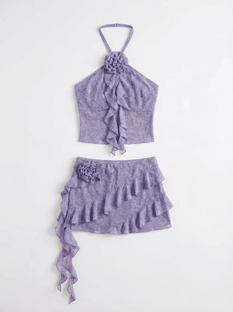 Purple halter top and matching ruffled skirt uploaded for a Virtual Try-On outfit test.