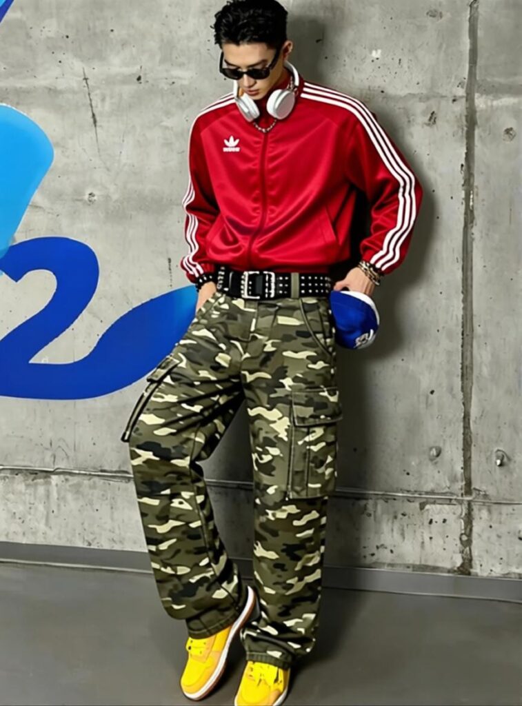 69bbae9d320bffb3f40ef9df_final – WeShop AI Blog AI Clothes Changer outfit transformation showing the same person in a red jacket and camouflage pants streetwear outfit.