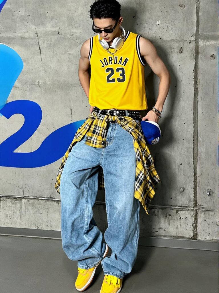 69bbae9d320bffb3f40ef9df_original – WeShop AI Blog AI Clothes Changer outfit transformation showing a person wearing a yellow basketball jersey with a casual streetwear style.