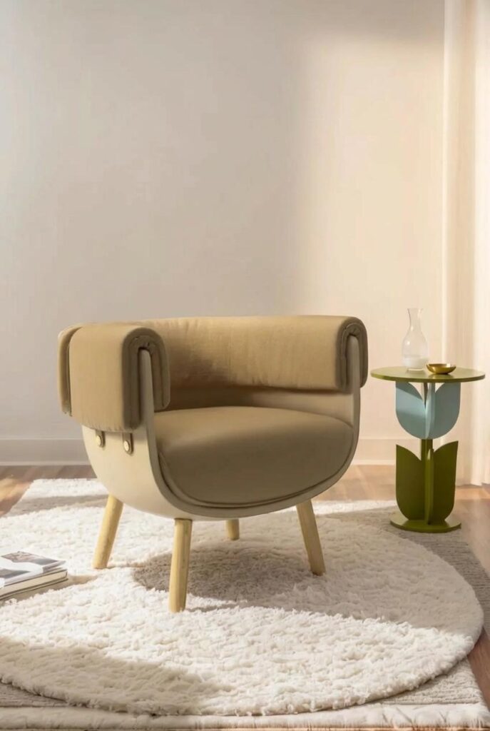AI Image Combiner result placing the colorful flower-shaped side table naturally beside a beige armchair in a sunlit living room.