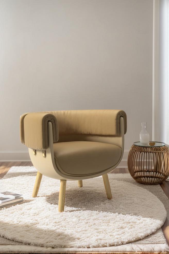 Warm modern living room with a beige armchair, soft rug, side table, and natural window light.