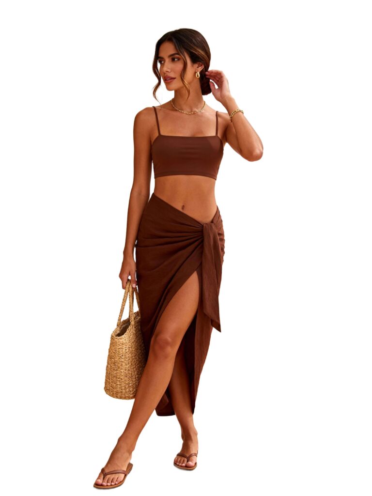 Fashion model isolated from the original setting with hair, straps, fabric, and bag details preserved.