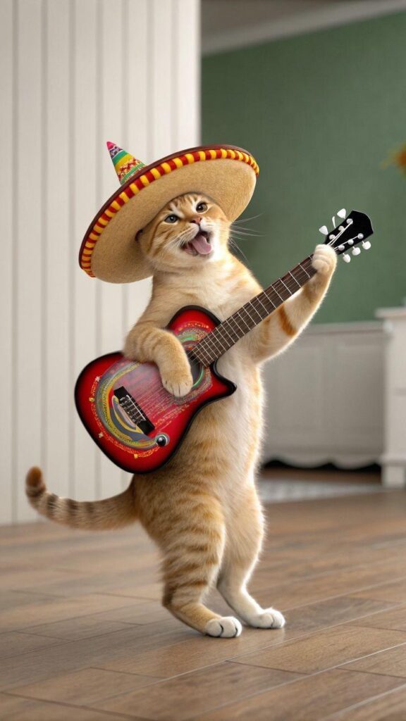 Orange cat wearing a sombrero and playing guitar, animated from a still image with the Animal Shorts Generator.