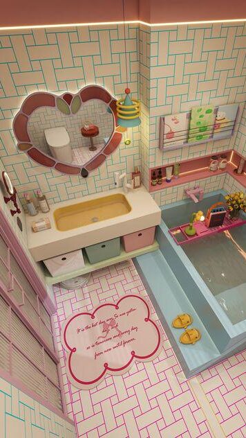 A 360 Product Video Generator turns a colorful bathroom image into a smooth multi-angle interior video.