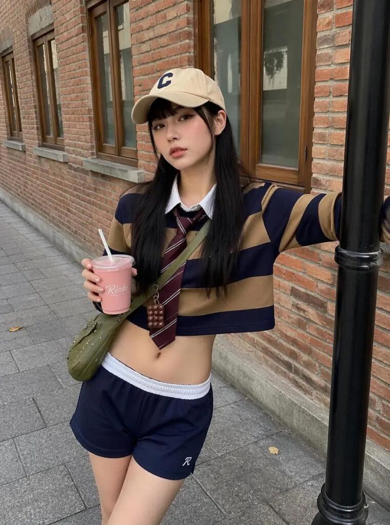 6a38d8909f79d34cddfe9c40_original – WeShop AI Blog Original daytime street portrait of a woman wearing a beige baseball cap, striped cropped polo shirt, tie, and navy shorts while holding a pink drink beside a brick wall and lamppost.