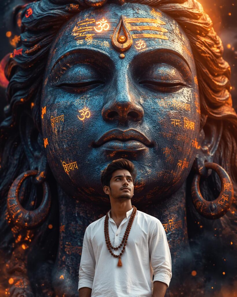 6a38d8c29f79d34cddfe9c60_final – WeShop AI Blog Young devotee standing before a glowing Mahadev statue created with the Seen Mahadev Generator.