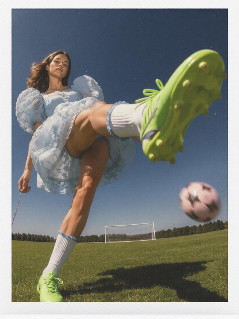 Polaroid Filter Online gives a dynamic soccer action photo soft grain, faded colors, and a classic white instant-film frame.