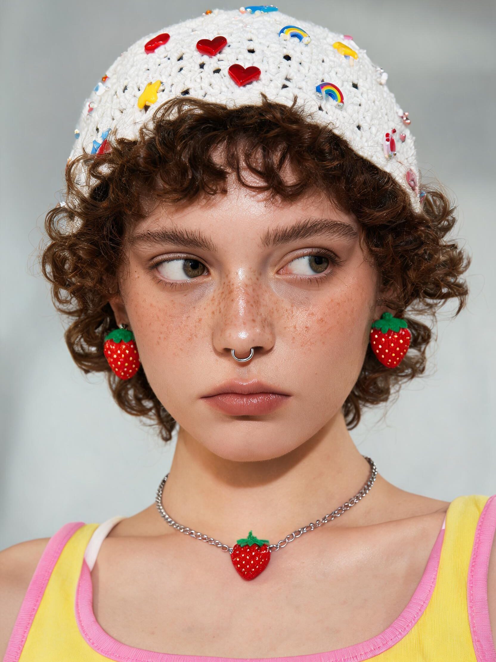 Seedream 5.0 Pro close-up portrait with visible freckles, realistic skin texture, detailed curls, and expressive facial features.