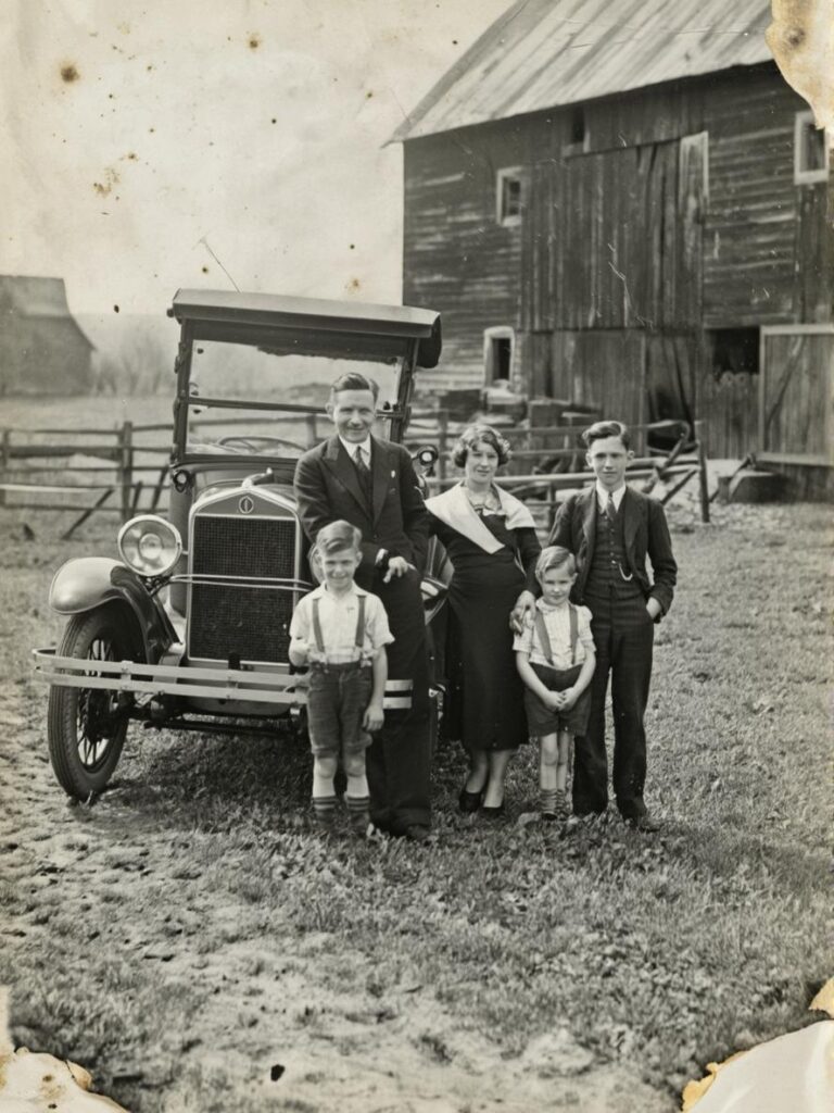 Damaged black-and-white family photograph showing adults and children beside a vintage car and barn, with stains, fading, and worn edges.