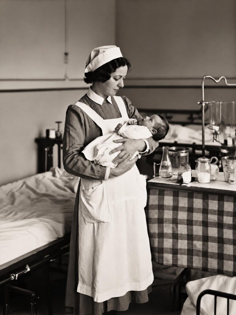 AI Photo Restoration result showing a nurse holding a baby with repaired damage, cleaner details, sharper contrast, and preserved vintage character.