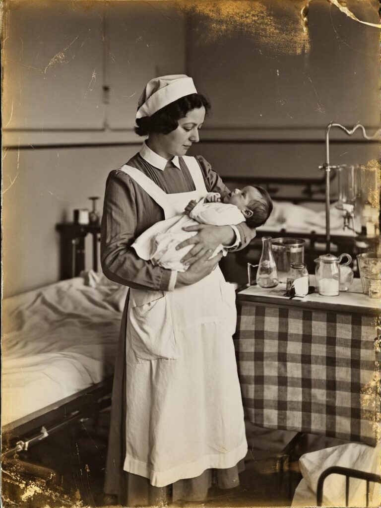 Damaged vintage black-and-white photograph of a nurse holding a baby, with scratches, stains, fading, and worn edges.