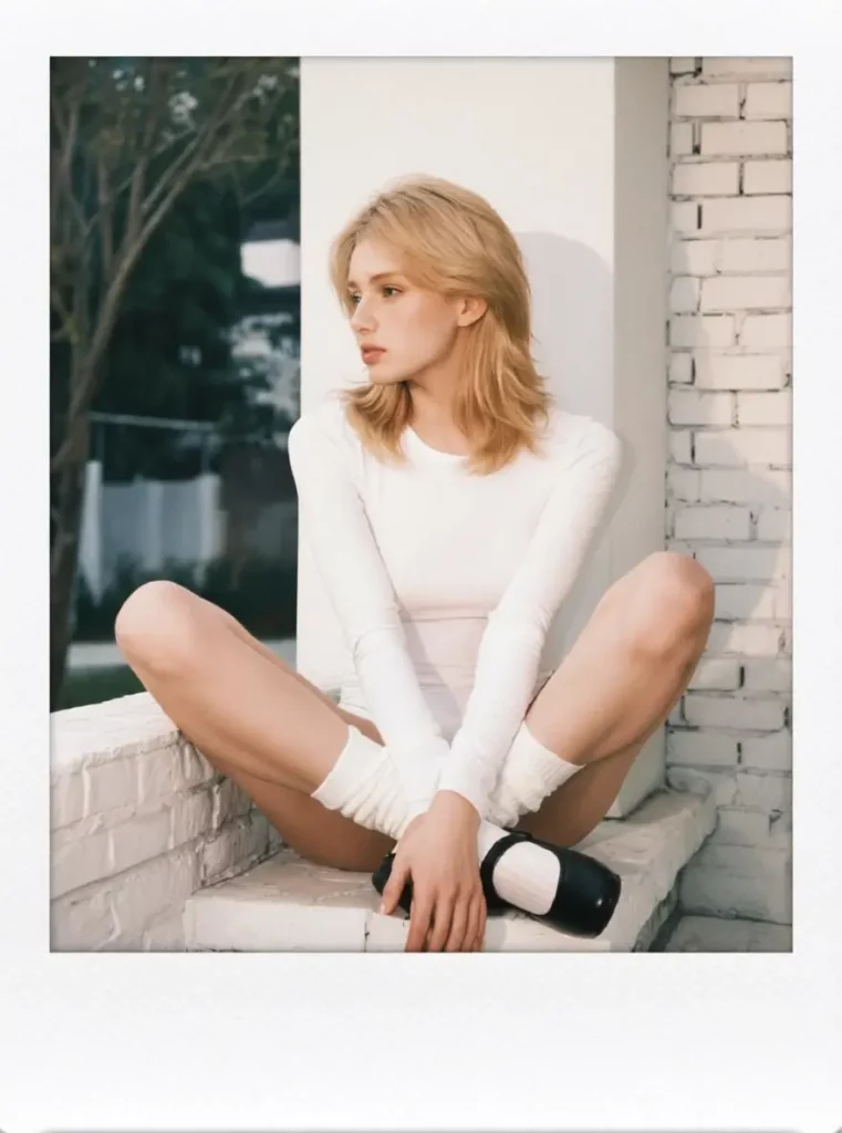 6b0b57cb-d65e-4fdc-b2eb-c55d9e6933d2_880x1184png_preview – WeShop AI Blog Polaroid-style photo of a woman in a white outfit sitting beside a brick wall in soft daylight.